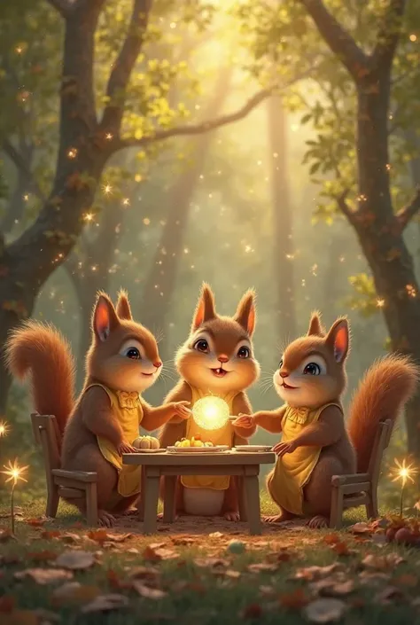 "squirrel family, consisting of father, mother, little squirrels wearing golden silk aprons sitting on chairs and in front of a wooden table, in the middle of a luminous forest. He holds a big sparkling nut in his hand ready to be eaten, while small light ...