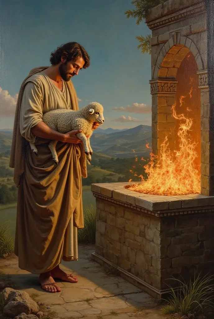 Abel presents his sheep offering on the altar of fire to God