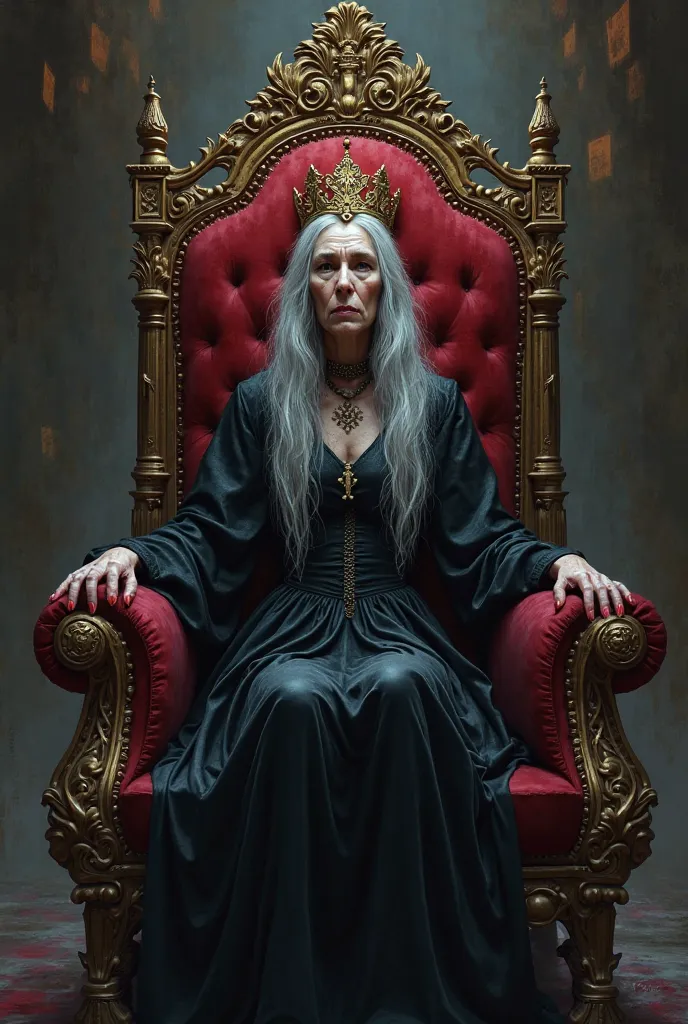 Sinister old lady with long grey hair crowned with golden tiara in black dress sitting on the dark rich velvet throne 