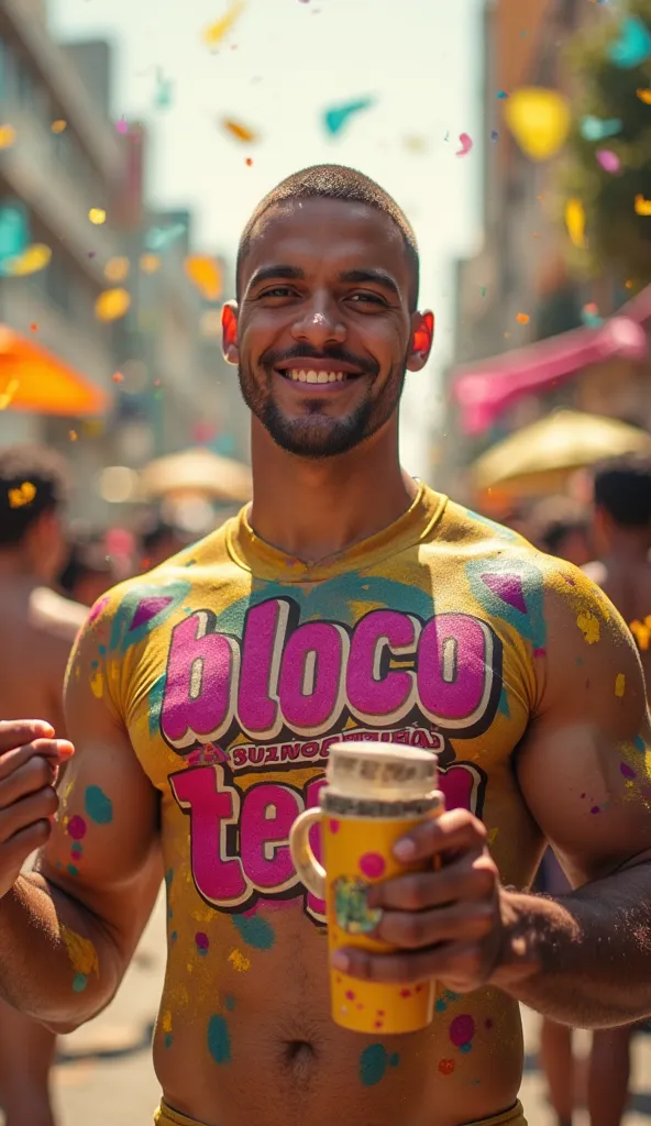 27-year-old male ,buzz cut,athletic and muscular body 
,with paint ,white jockey,In the middle of a lively carnival block in Rio de Janeiro. wears a personalized carnival t-shirt by Abada with the words "Bloco do TEPA" in pink letters, yellow, blue and pur...