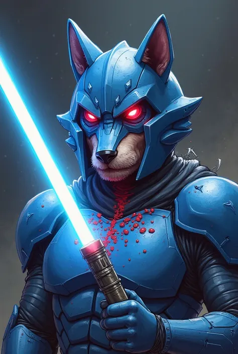 A 2D anime-style illustration showing an anthropomorphic soldier wearing blue metallic armor and an oversized helmet that is shaped like a wolf's head, with sharp and fiercely stylized details, like pointed ears and bright red eyes. The soldier is shaped l...