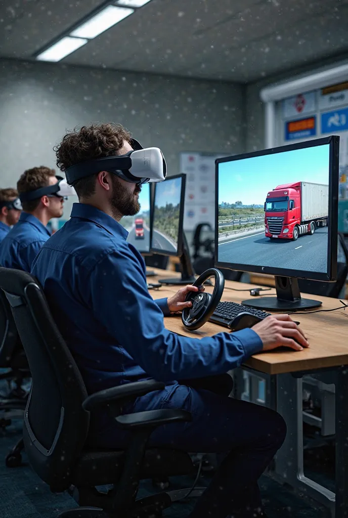 An image of hgv drivers in a classroom environment wearing vr headsets and using computer steering wheels whilst playing on a truck simulator on a training course performing a reverse manoeuvre