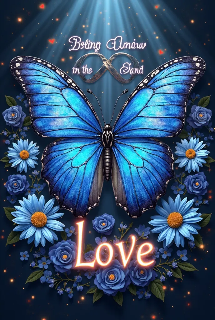 
 The central element is a large, highly detailed blue butterfly with intricate, hidden patterns on its wings. Surrounding the butterfly are hyper-realistic blue daisies, camellias, and blue roses, arranged symmetrically. The background should have a vibra...