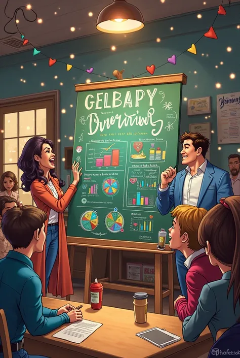 Generate all the characters from the comic book celebrating with a blackboard full of positive administrative graphics as well as the first generated image