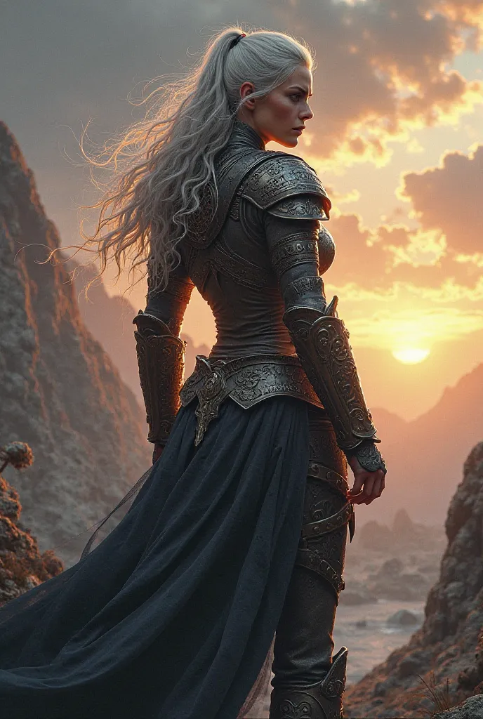 a woman with her back with white hair in half a mane and dressed as a warrior
