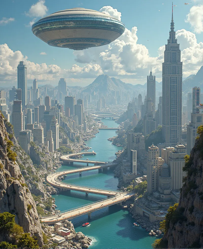 photo shoot，  post-production with ultra photorealism，hyper-detailing，Ultra-wide-angle photography，24th century，city of San Francisco， fantasy world ， Future Technological Cities ，Oval Building，levitation，Paths in Every Direction ， surreal high-definition ...