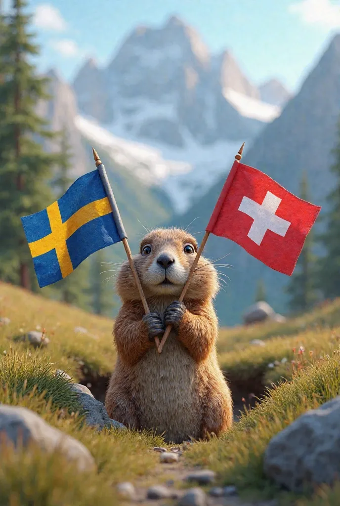 Une marmotte qui sort de son terrier avec un drapeau suédois et un drapeau suisse