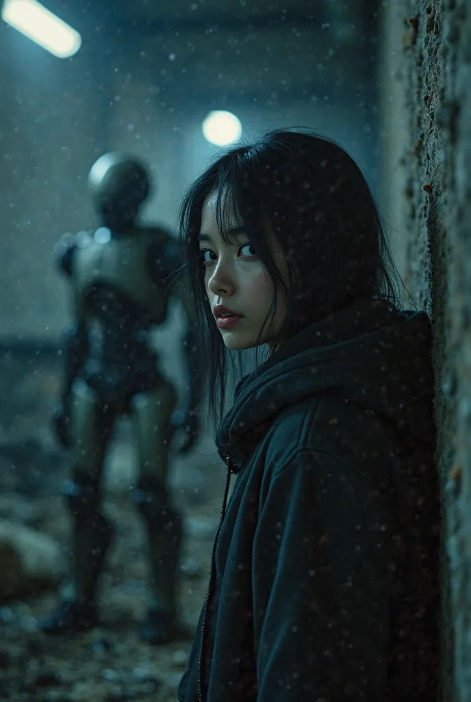 Full length body length. Woman with black long hair, blue eyes, white skin, soft face, wearing a black hoodie and carrying technological equipment. In the dark of night, a robotic robot takes shelter against the wall of a warehouse in a scrapyard and cauti...