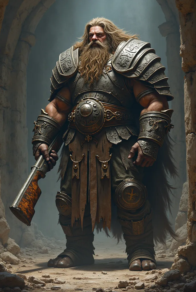 7 foot tall human male with long hair and beard wearing light medieval armor weilding an early-20th century shotgun