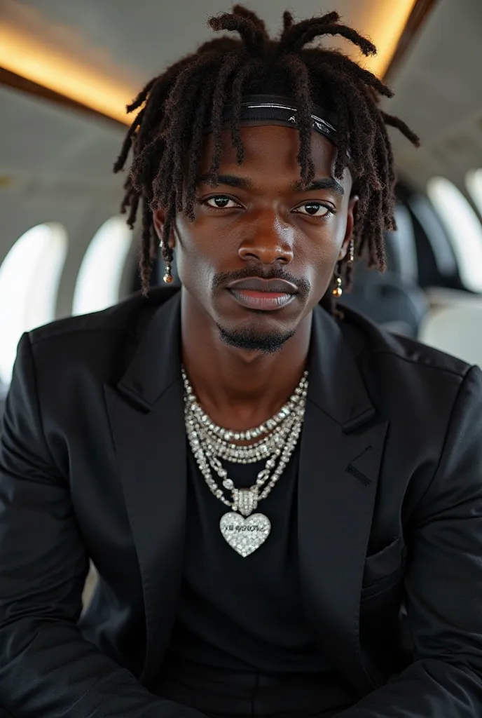 A black 20 year old boy model, wearing a black and diamond jewelry with the inscription (NayaFONFX),and dreadlocks with a hairband, in a jet , trading forex 