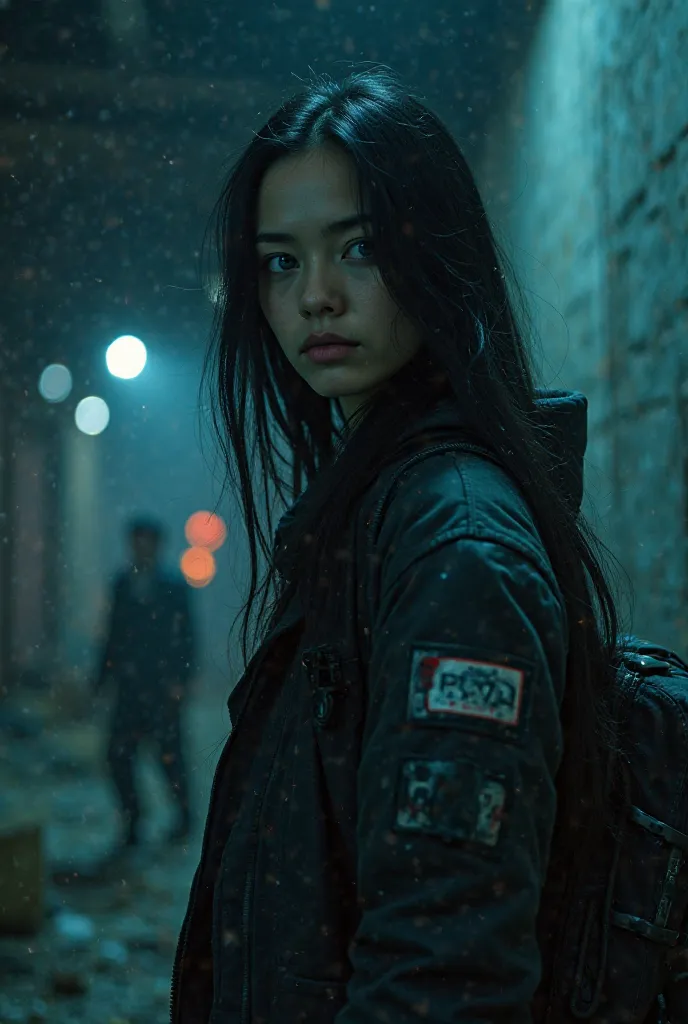 Full body length. Black long hair, blue eyes, white skin, soft face, woman wearing a technological jacket and carrying technological equipment. In the dark of night, a robotic robot takes shelter against the wall of a warehouse in a scrapyard and cautiousl...