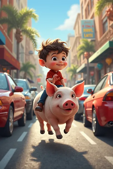 Create a front image of a  boy riding a pig between cars on a sunny day