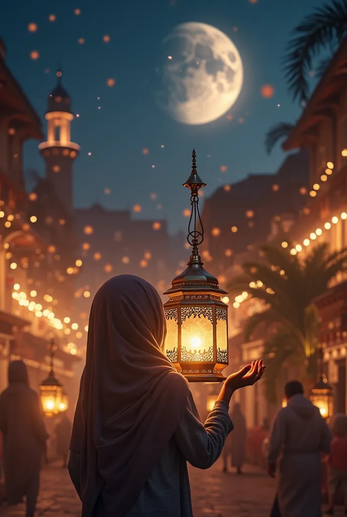 Ramadan scene, a girl wearing a headscarf, Jamal, holding a bright Ramadan lantern, the background of the Ramadan moon in the sky, Ramadan decorations, the atmosphere of Ramadan, more realistic details, lighting, effects