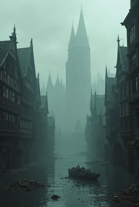 A medieval city in fog and darkness is flooded by huge floods.