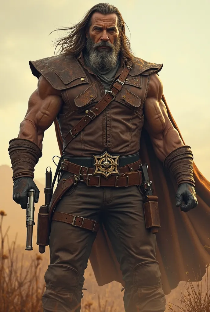 7 foot tall human male gunslinger with long hair and beard wearing leather body armor weilding an early-20th century six-shooter