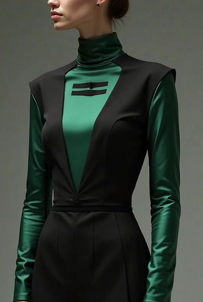 black, with the collar and the lower part of the sleeve in jade green, on the neck and sleeve two horizontal black lines 