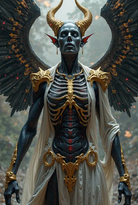 
An imposing being with a dark and cosmic body that is reflected in the stars on its skin, her exposed torso shows a sharp and twisted bone structure, with protruding ribs that enclose a deep void. His skin seems to be composed of living shadows, with flas...