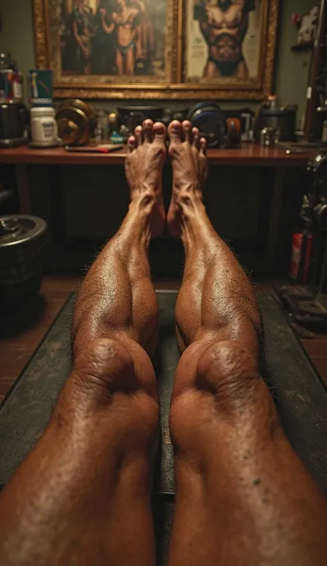 Hyper-realistic first-person POV shot of a bodybuilder from the Golden Era, lying on a bed. The viewer sees only their own muscular yet compact legs stretched out in front of them, with extreme muscle definition, veins, and skin texture rendered in lifelik...