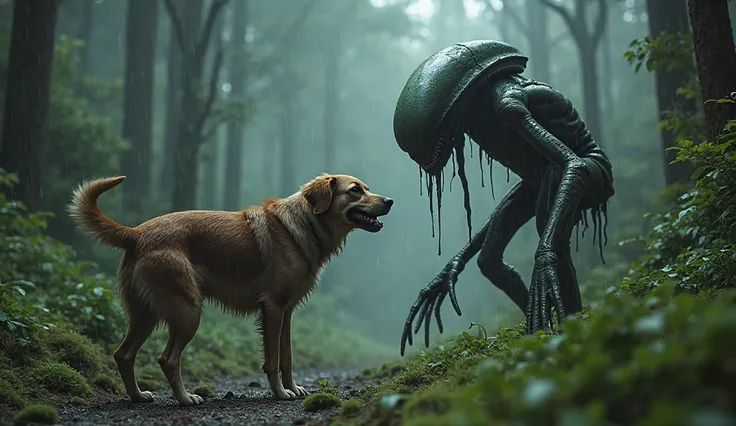 a dog in the woods being attacked by an alien with a humanoid appearance , The forest has big trees and it's rainy 