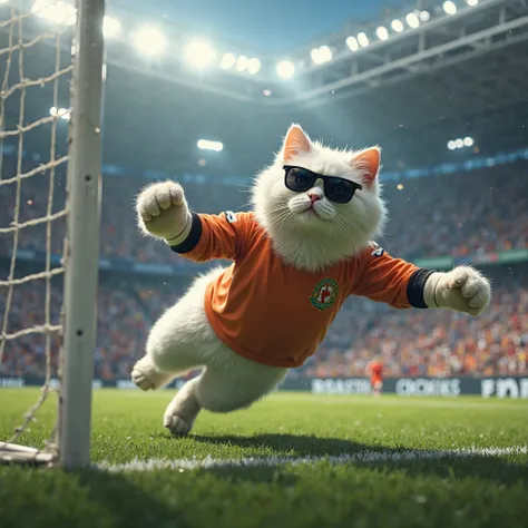 A fat white cat wearing a uniform and sunglasses is a goalkeeper wearing a uniform and sunglasses at the CopadelRey soccer game。Catch the ball diving
8K、 real 