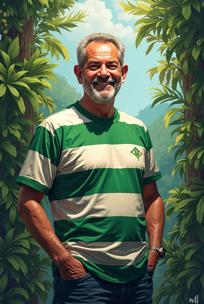 Make an image of President Lula with the green and white striped t-shirt making the L 