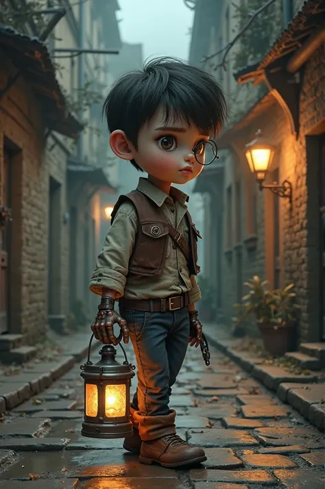 A young cyborg boy with a monocle and a
mechanical hand. He is wearing a tattered vest,
holding a lantern and navigating a dark alley with
gaslights., illustration, 3d render, cinematic, photo,
architecture, conceptual art
L