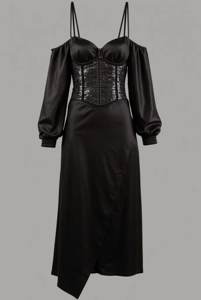 The dress is black, sophisticated and sensual. It has a structured bodice with shiny details, that resembles a corset, highlighting the silhouette. The thin straps combined with long sleeves falling off the shoulders add an elegant and modern touch. The as...