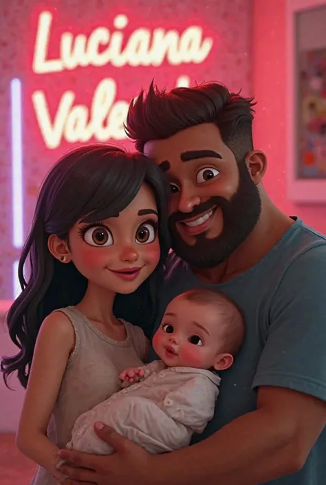 Animated newborn baby girl with her parents , the mom is a brunette with black hair down her shoulders big eyes , the dad is tall brown plus size with a beard in the background neon sign that says Luciana Valentina 