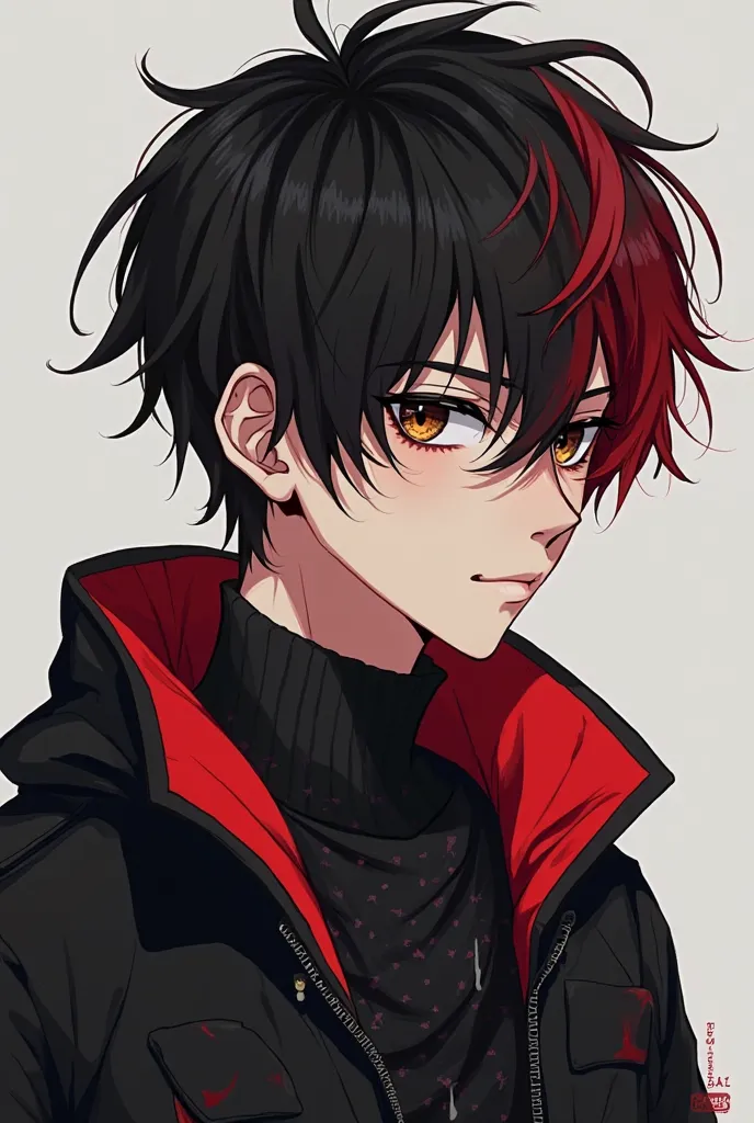 Create a 25-year-old emo-style man strong with black hair and a red lock, brown eyes, He wears a black jacket with a red interior and a nose piercing.  Make him in the anime style  