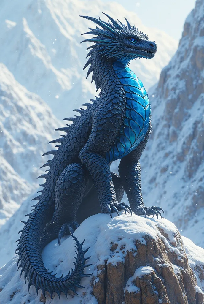 Create a black dragon with blue scales sitting on a snowy mountain 