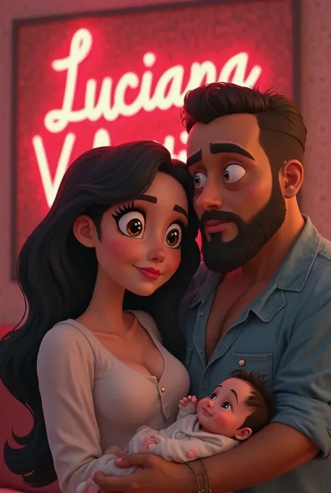 Animated newborn baby girl with her parents , The mom is a brunette with black hair down her shoulders big eyes plus size , The dad is tall brown plus size with a beard without a mustache in the background neon sign that says Luciana Valentina 