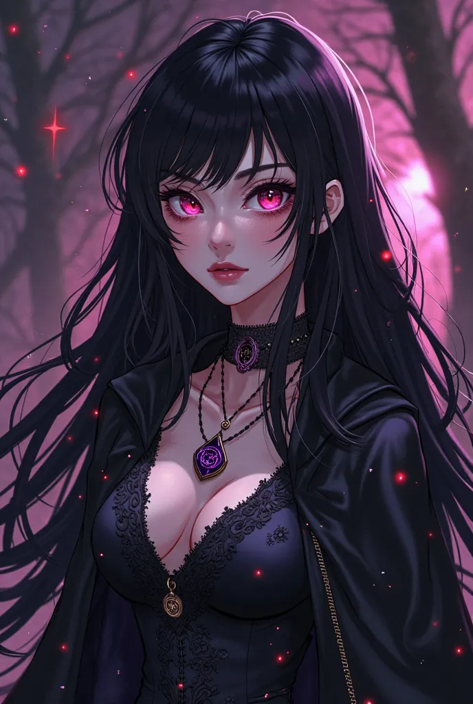 Elysia is an enchanting figure, whose beauty is enhanced by her mastery of dark magic. Her long black hair cascades down the back, contrasting perfectly with her pale skin without imperfections. Your eyes, of a reddish honey, have an intense shine, as if t...