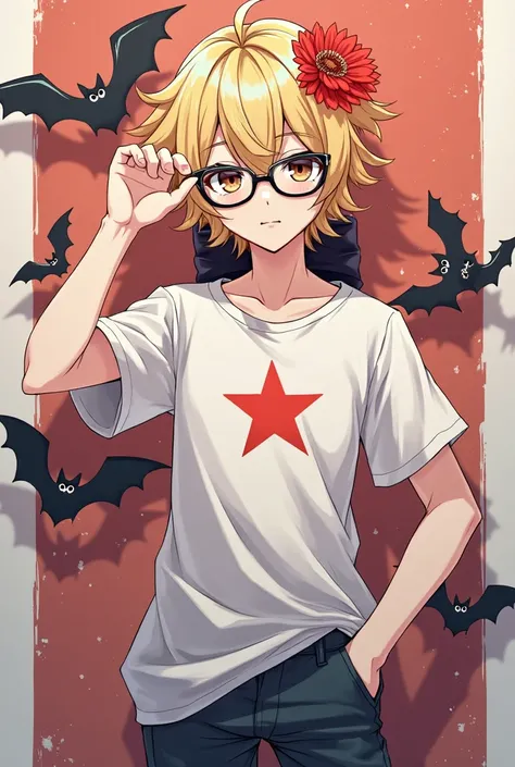 You can create a blond male anime character with black lenses with a t-shirt with a star in the center, a red flower on the head, pants, a bow behind the pants with bats.