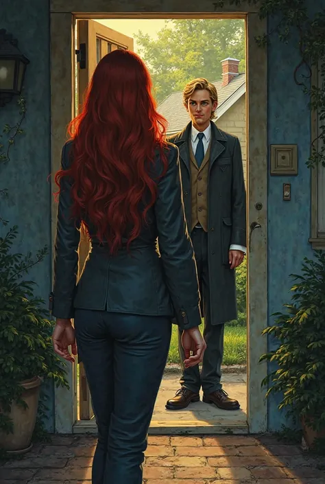 Create an illustration of a red-haired woman with her back opening the door of her house and outside a male detective with blond hair and blue eyes 