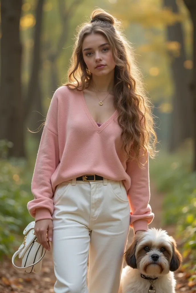 A 20-year-old girl with long curly hair tied to blond and brown, with white skin, with thick pink lips, with creamy brown eyes.,  with an hourglass body ,wearing a pink pomoxhe and long white pants with a white wallet, Walking a furry 3-month-old Shihtzu p...