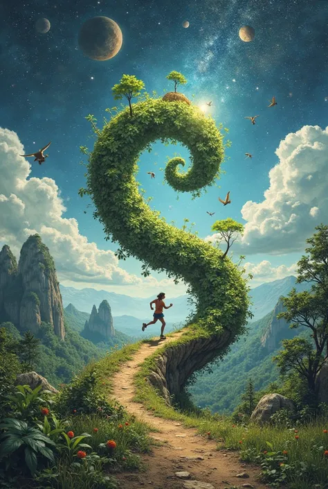 Main Image: A cover divided into two halves: On top, a futuristic landscape with stars and planets; On the bottom, a vibrant nature with trees and birds. In the middle, a spiral grows, with small green shoots emerging from the nature and growing to the fut...