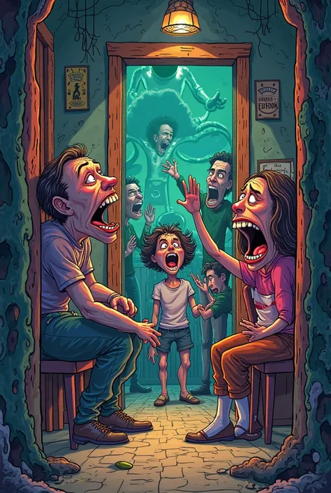 a horror room with people trapped in a cartoon version