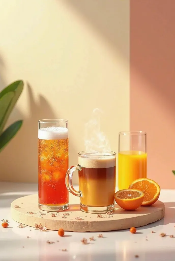 Generate me an image of soft drinks, a cup of coffee and an orange juice 