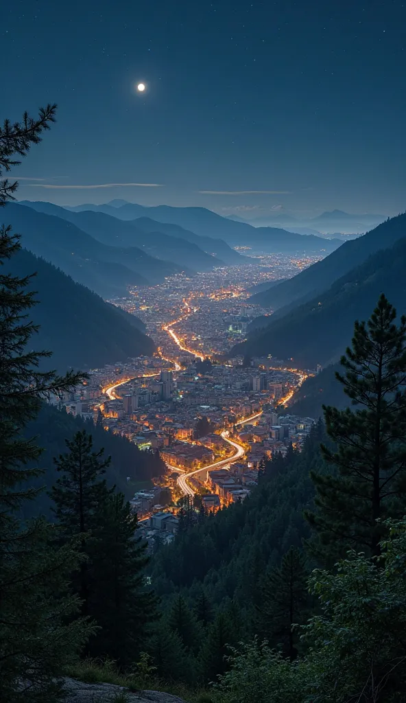 "Create an ultra-realistic, highly detailed photograph-like image of a nighttime scene from a moderate mountain viewpoint overlooking a small to medium-sized city with approximately 100,000 inhabitants. The image should resemble a high-quality photograph t...