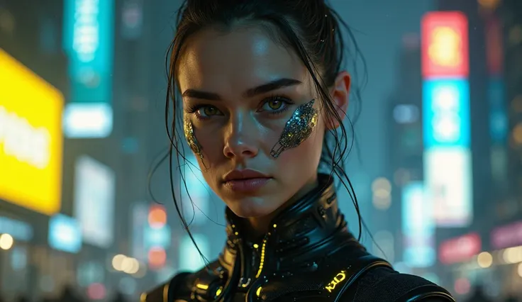 A woman with cyberpunk-style robotic parts in a nighttime environment with yellow and neon blue lights