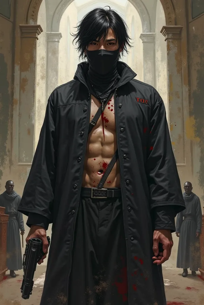 Make me an asian man with fringe hairstyle and using a half ninja mask and wearing a black cassock with double buttons to the torso way to the stomack and wearing on his left hand a rosary and the right a gun, with some blood splatted on his face, he is on...