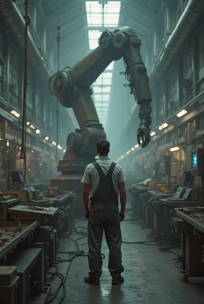 "An unemployed worker watching a robot do its old job in an automated factory."
