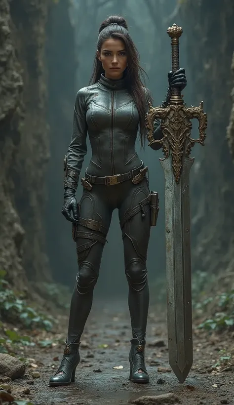 Realistic girl in a tight suit and open heels and has a very big sword 