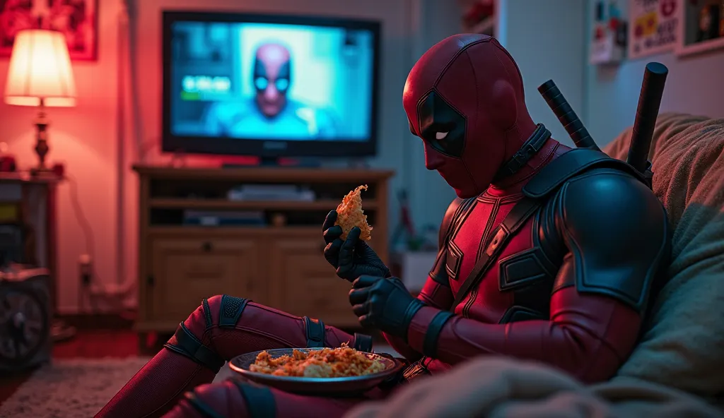 A cinematic, hyper-realistic shot of Deadpool (Ryan Reynolds) sitting in a messy apartment, wearing his red and black suit but without the mask, eating tacos. The TV screen in the background plays an old X-Men clip. The lighting is moody and neon, with red...