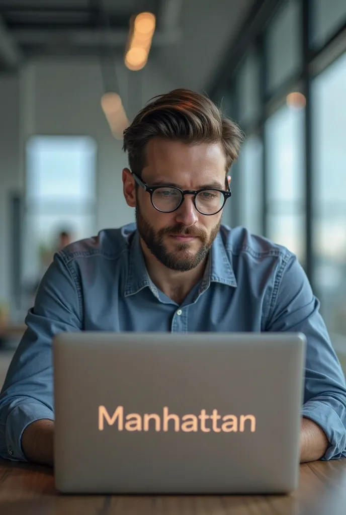 25-year-old young man working on a laptop in his office his store is called Manhattan with glasses and beard the laptop has a logo that says Manhattan and marks Manhattan 