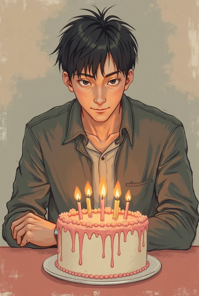 there is a man sitting in front of a cake with candles, a pastel by Kanbun Master, tumblr, shin hanga, he is about 2 , he is about 3 0 years old, he is about 30 years old, he is! about 3 0 years old, 21 years old, 2 , he is 3 