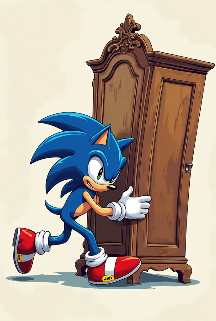 Sonic in profile pushing a wardrobe 