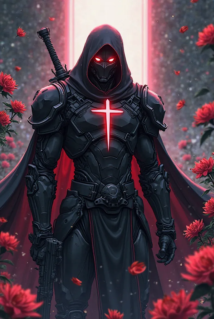 Create an anime of a black soldier holding a gun on it’s right hand and a sword on it’s left hand wearing an armor suit cross on it’s chest light shining above it’s head flowers surrounding the black soldier 