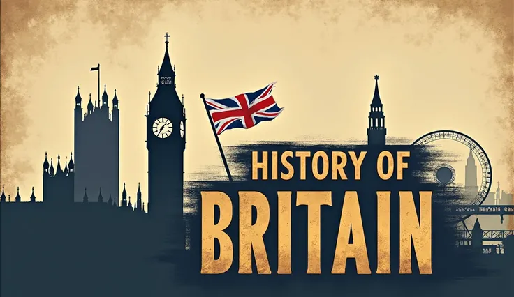 Above them, a faded image of Big Ben and the Union Jack flag adds a modern touch. The title 'History of Britain ' is displayed in bold, vintage-style gold text with a black outline for readability.

