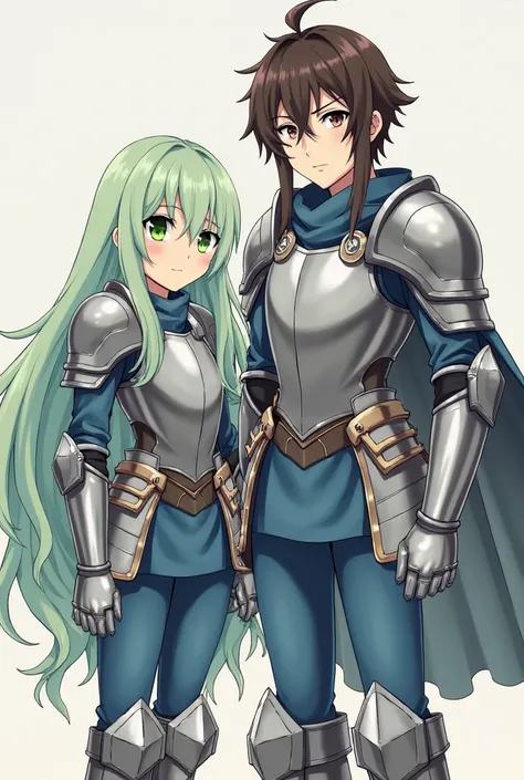 An anime girl with long light green hair in front has Japanese-style bangs and bright green eyes wearing gray knight armor, blue pants, and knight boots and An anime boy,dark brown hair with long sideburns, brown eyes wearing gray knight armor, blue pants ...